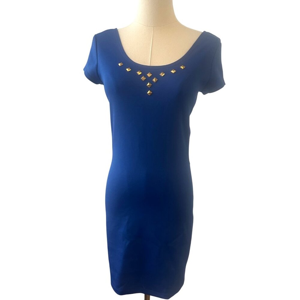 Vintage Y2K Charlotte Russe bodycon dress size M blue gold studs side cutouts